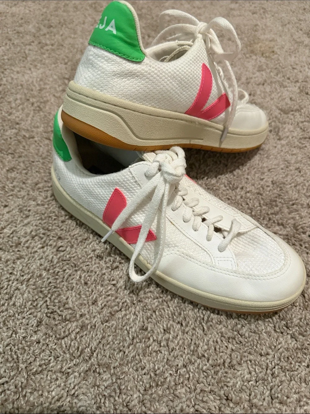 Veja White Sneakers with Pink V and Green Heel Tab